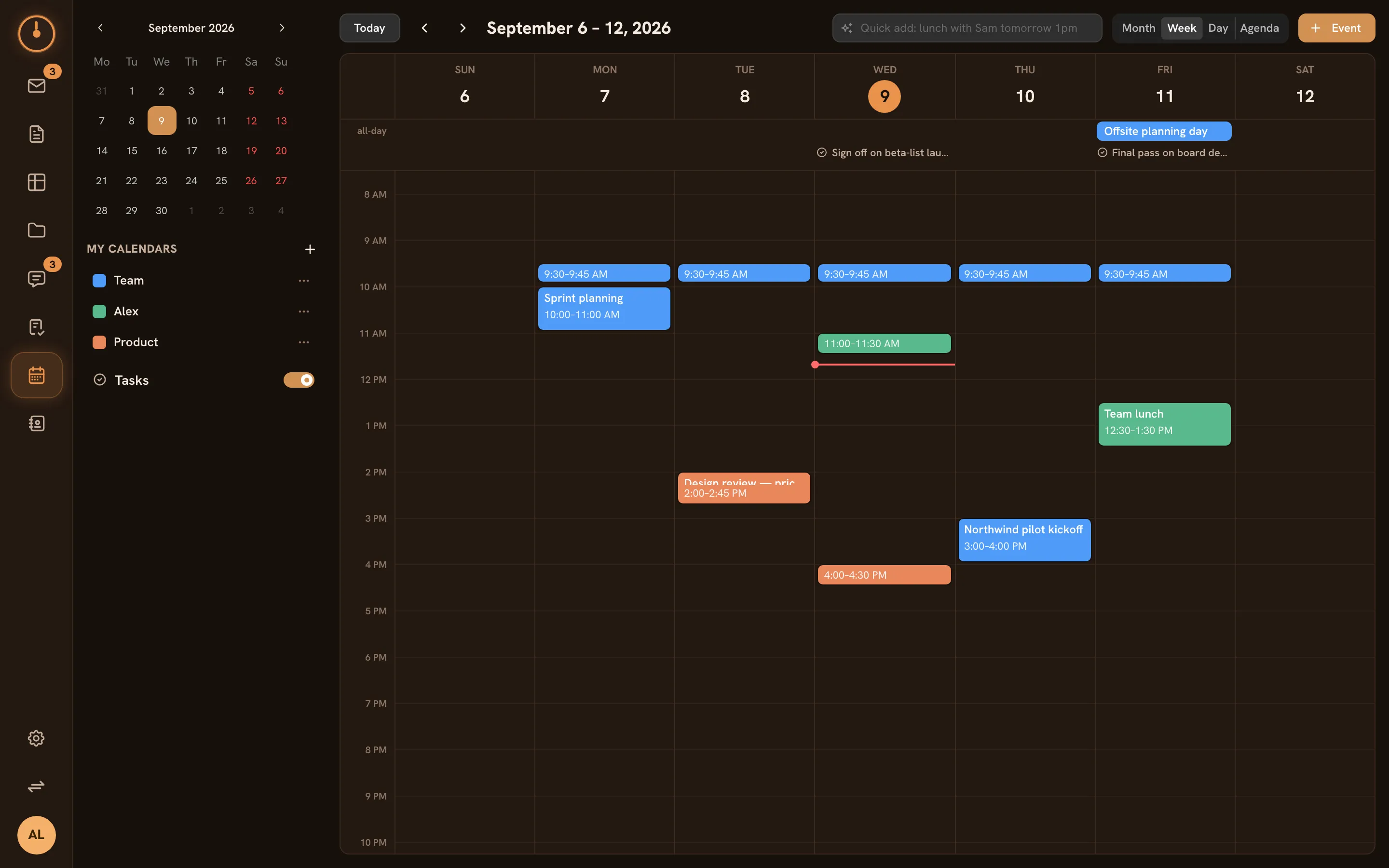 The Calendar screen — week view with events, the mini-month, and calendar list