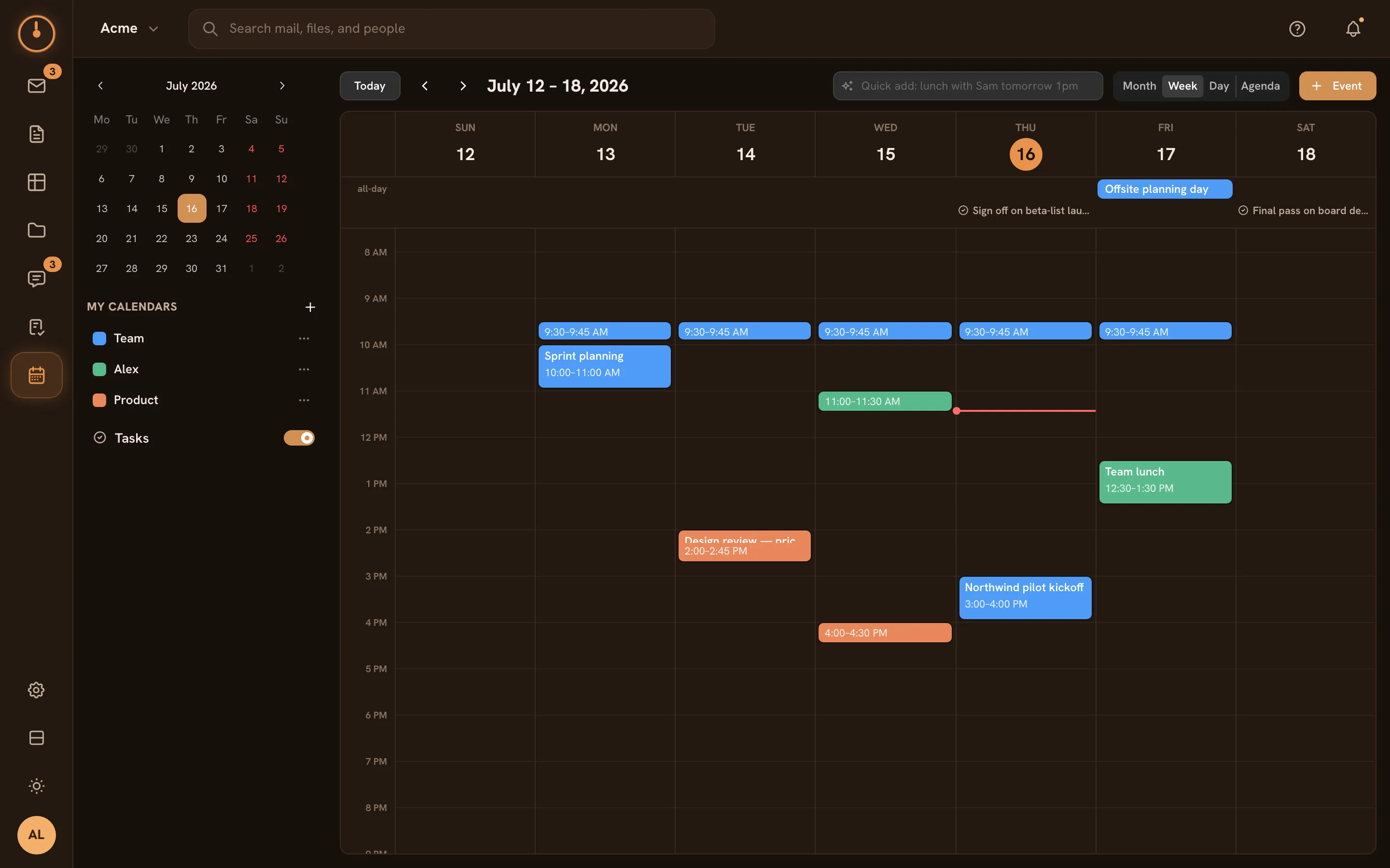The Calendar screen — week view with events, the mini-month, and calendar list