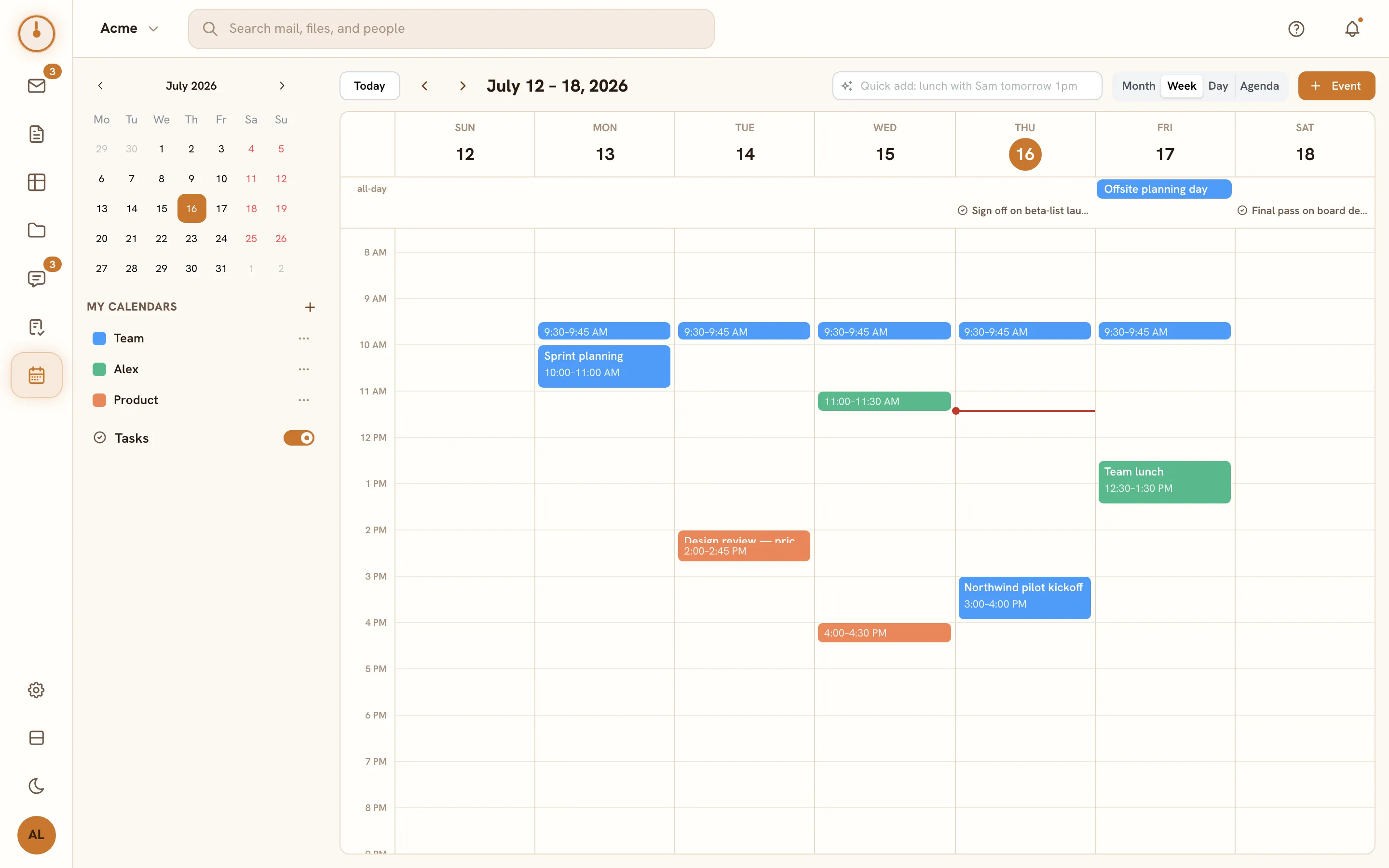 The Calendar screen — week view with events, the mini-month, and calendar list