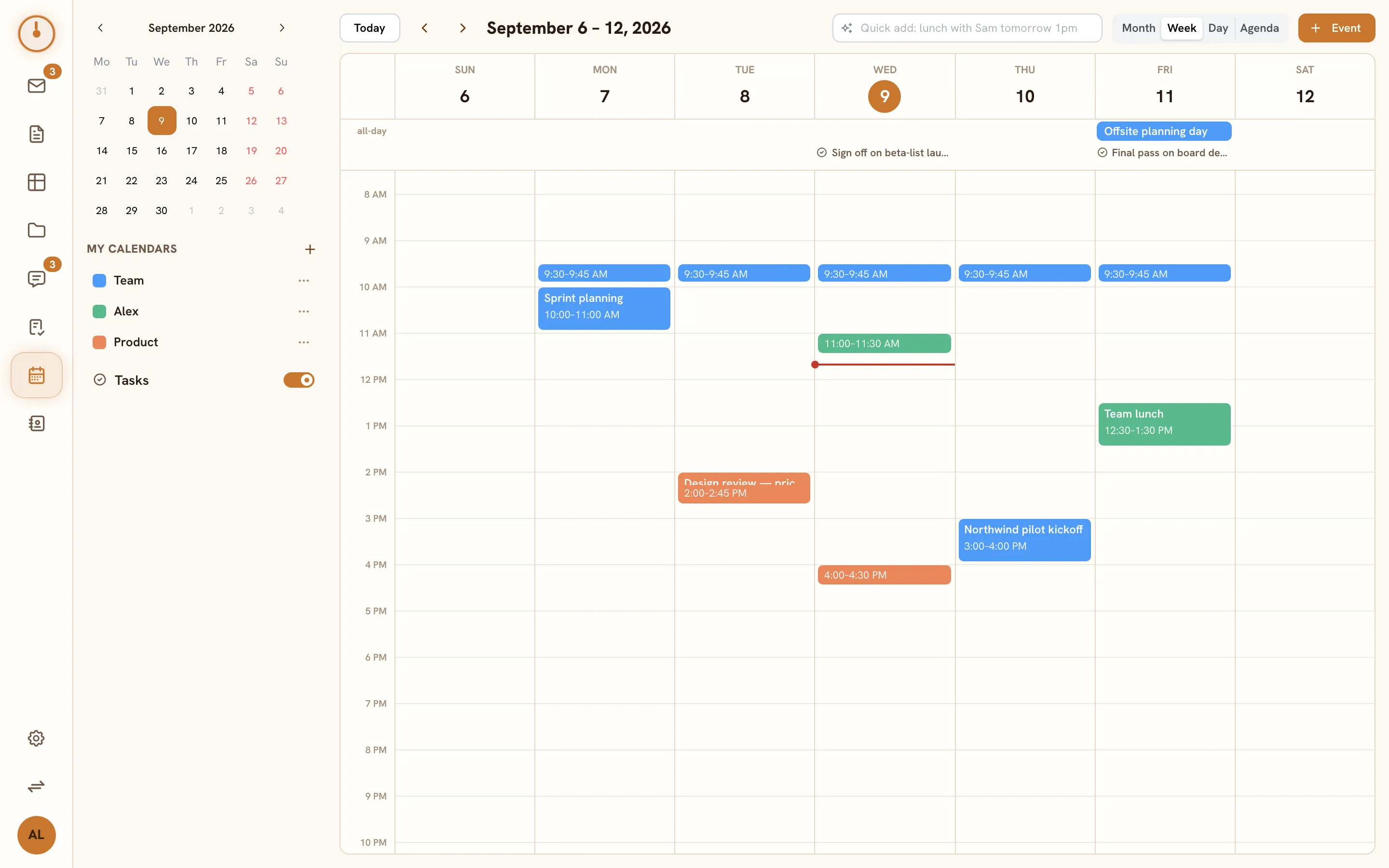 The Calendar screen — week view with events, the mini-month, and calendar list