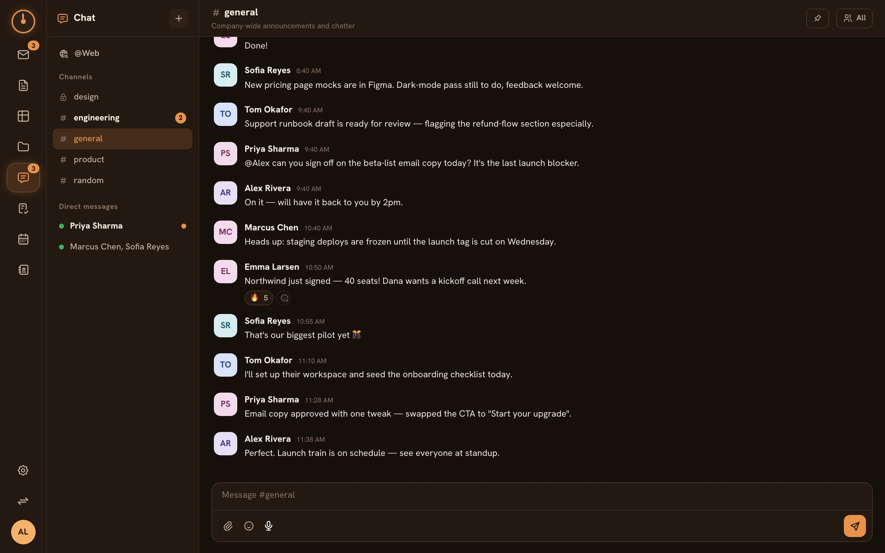 The Chat screen — channels and DMs in the sidebar, with a channel conversation open