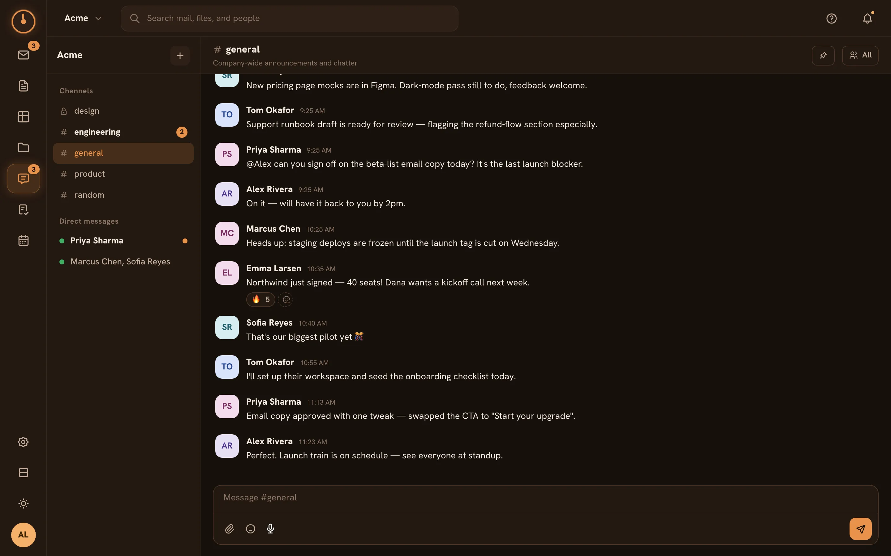 The Chat screen — channels and DMs in the sidebar, with a channel conversation open