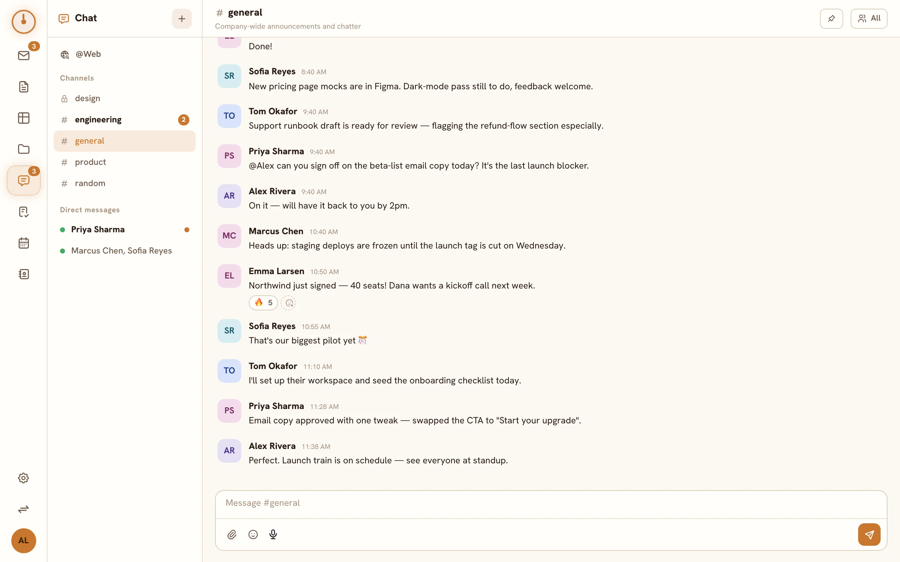 The Chat screen — channels and DMs in the sidebar, with a channel conversation open