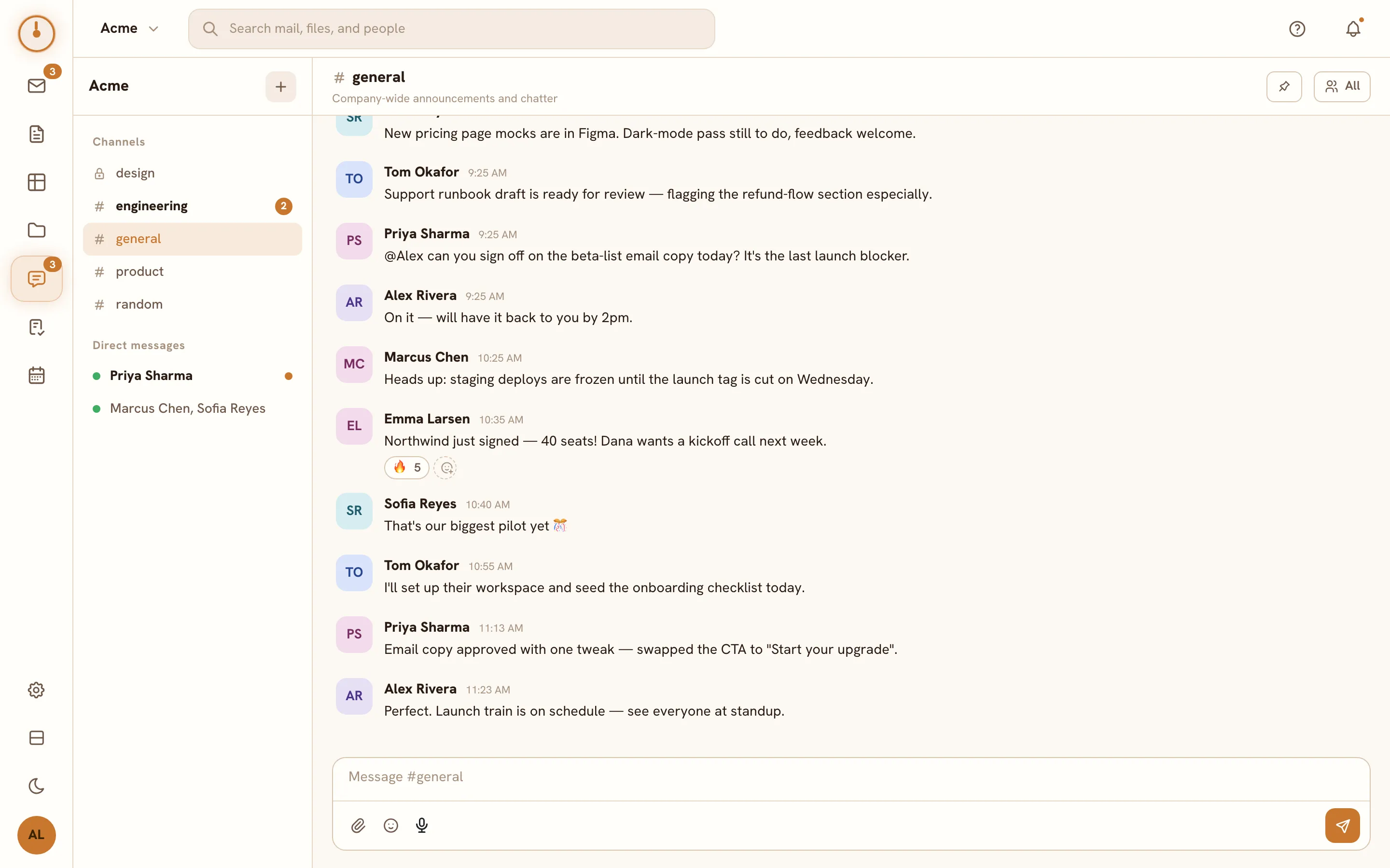 The Chat screen — channels and DMs in the sidebar, with a channel conversation open