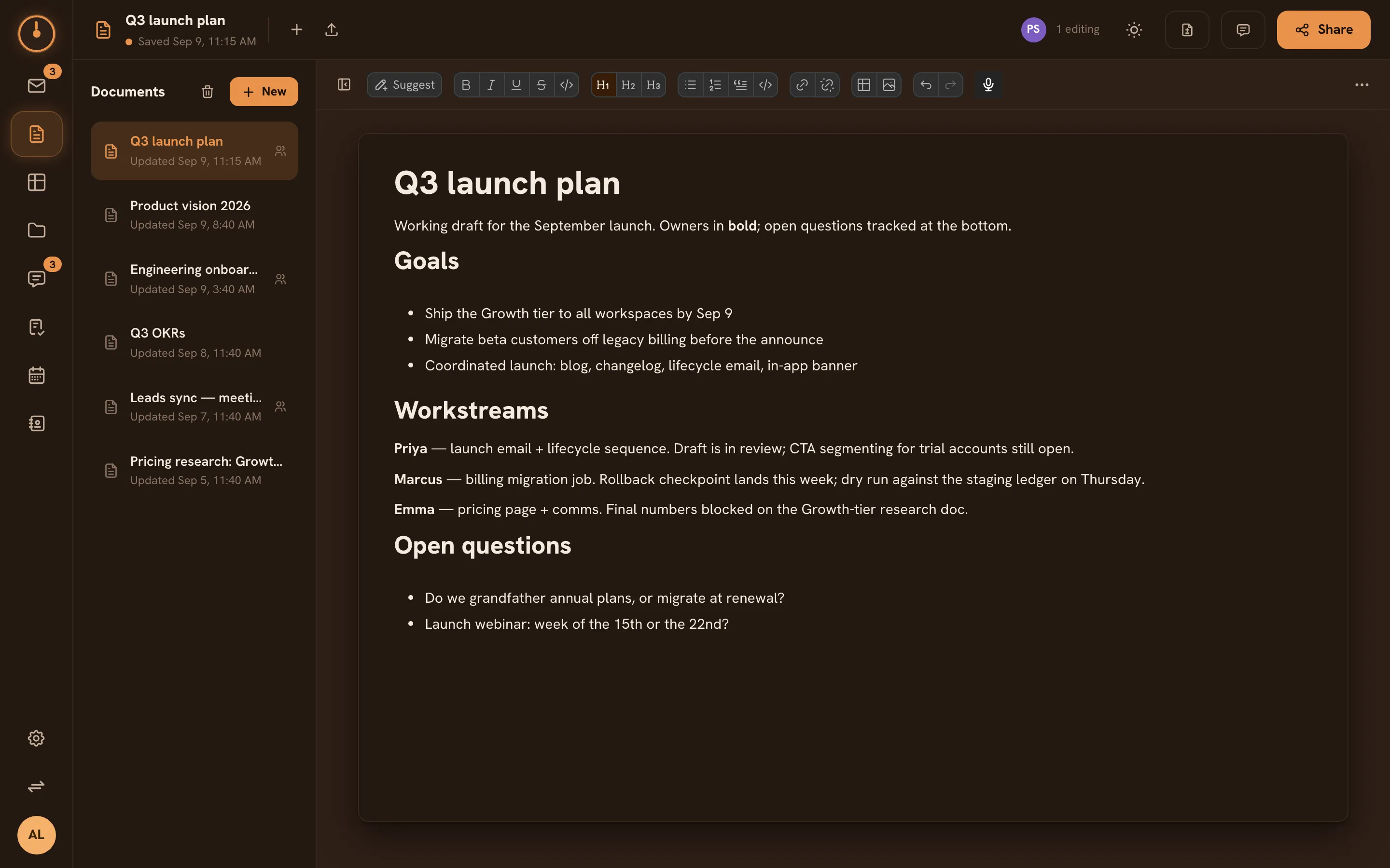 The Docs screen — the workspace document list and editor pane