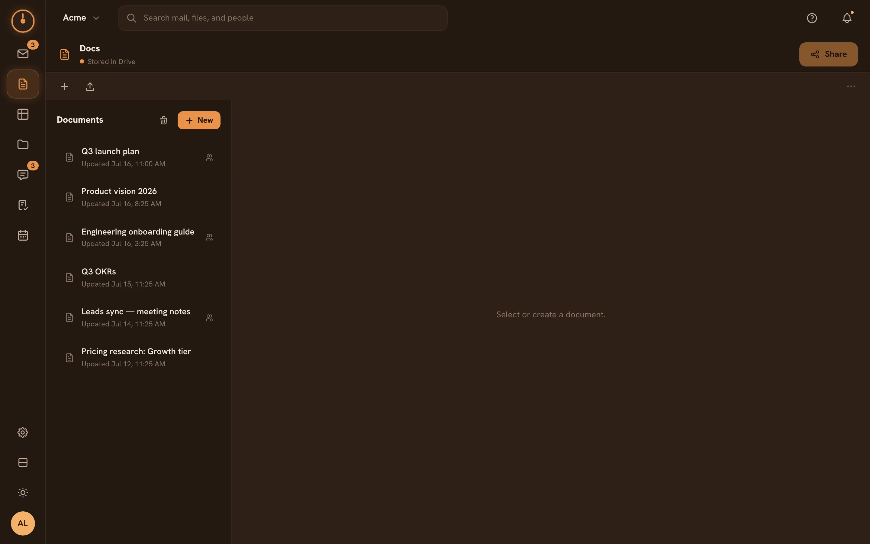 The Docs screen — the workspace document list and editor pane