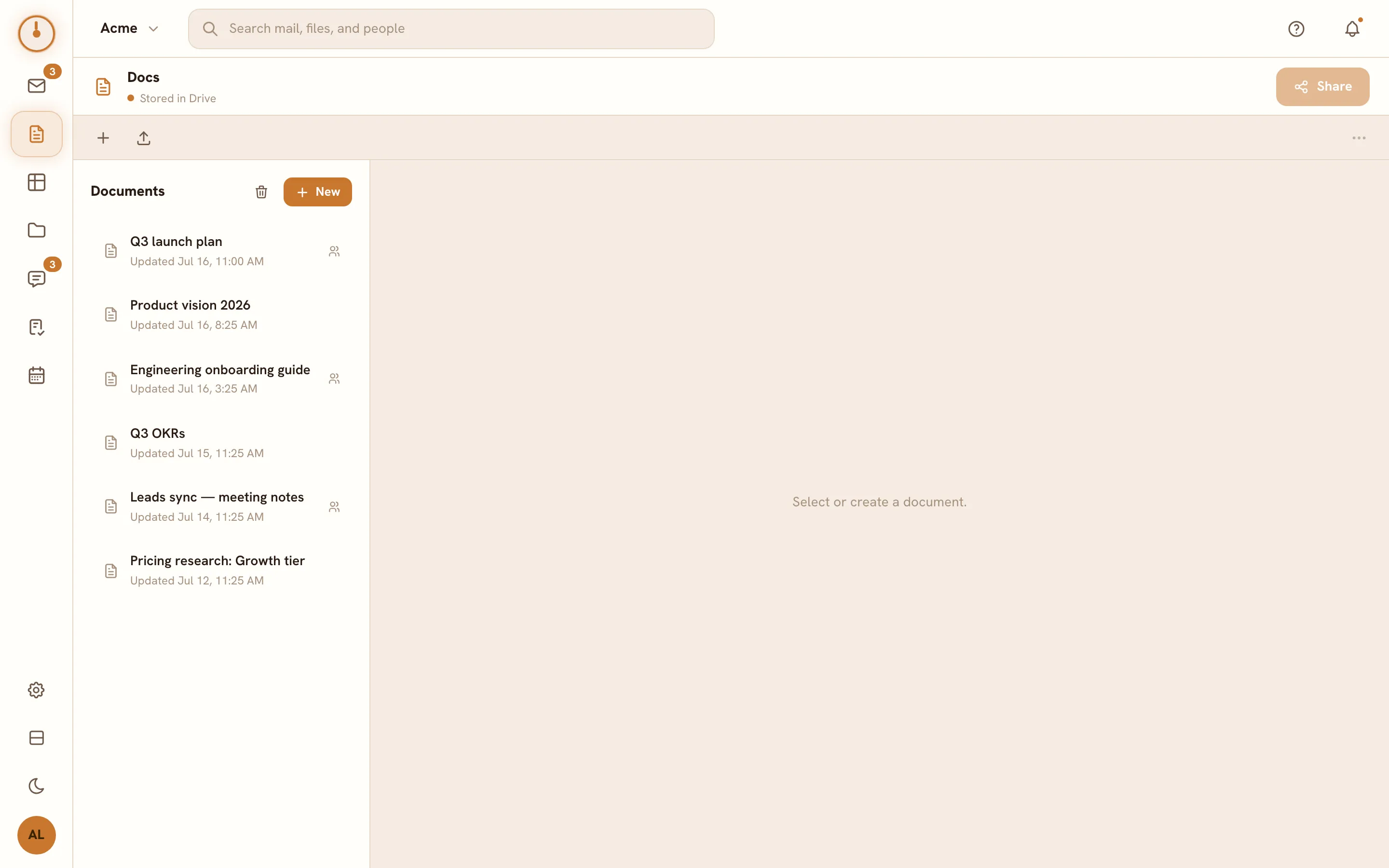 The Docs screen — the workspace document list and editor pane