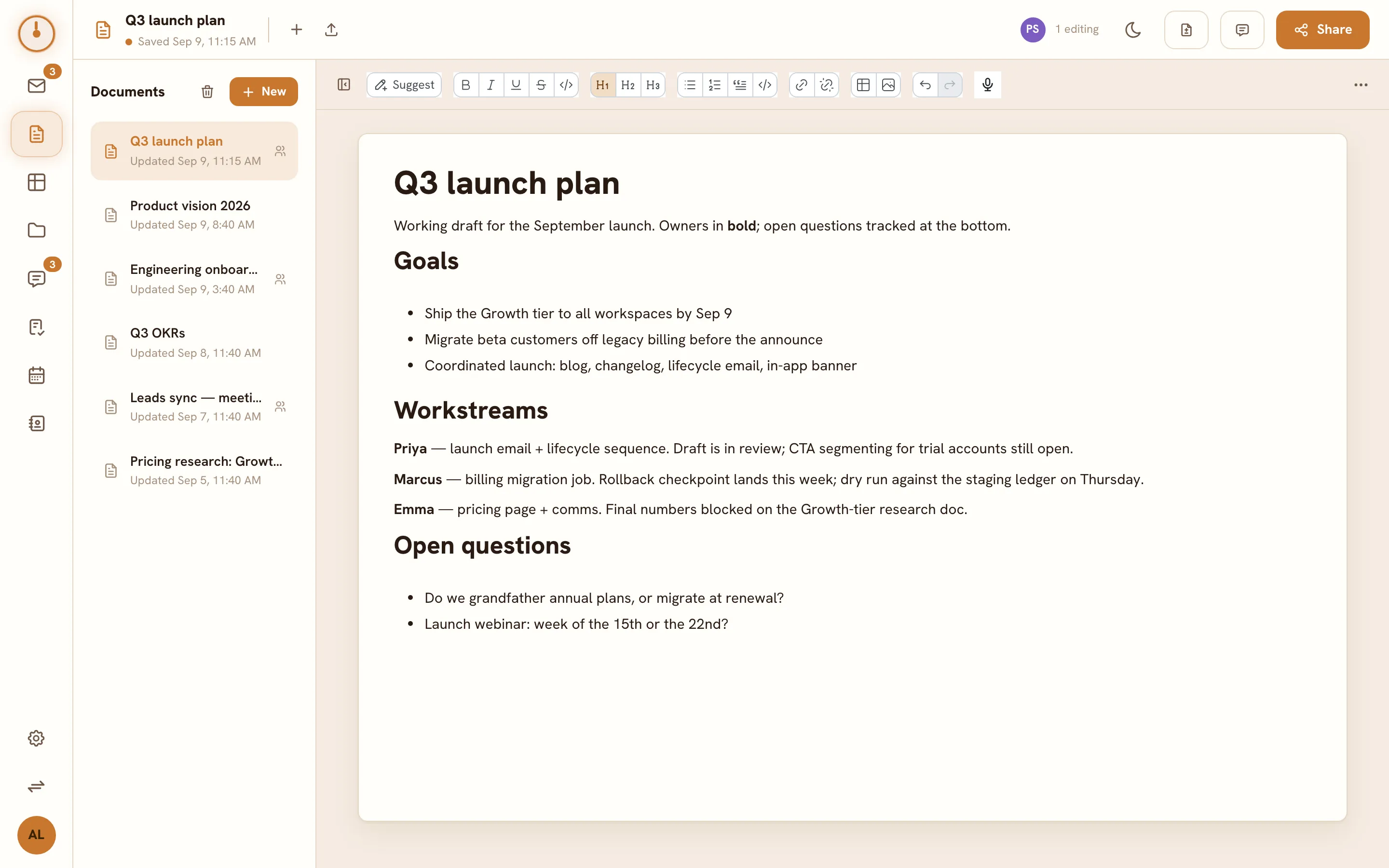 The Docs screen — the workspace document list and editor pane