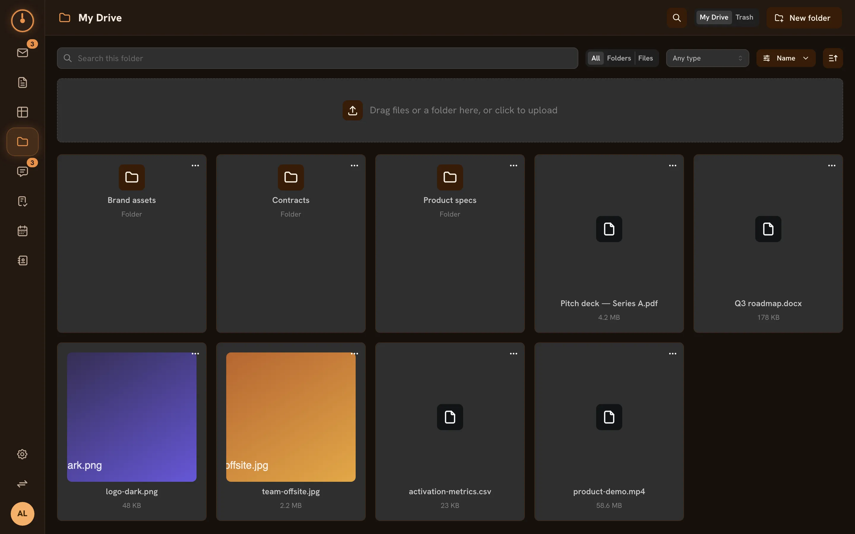 The Drive screen — folders, file cards with previews, and the upload zone