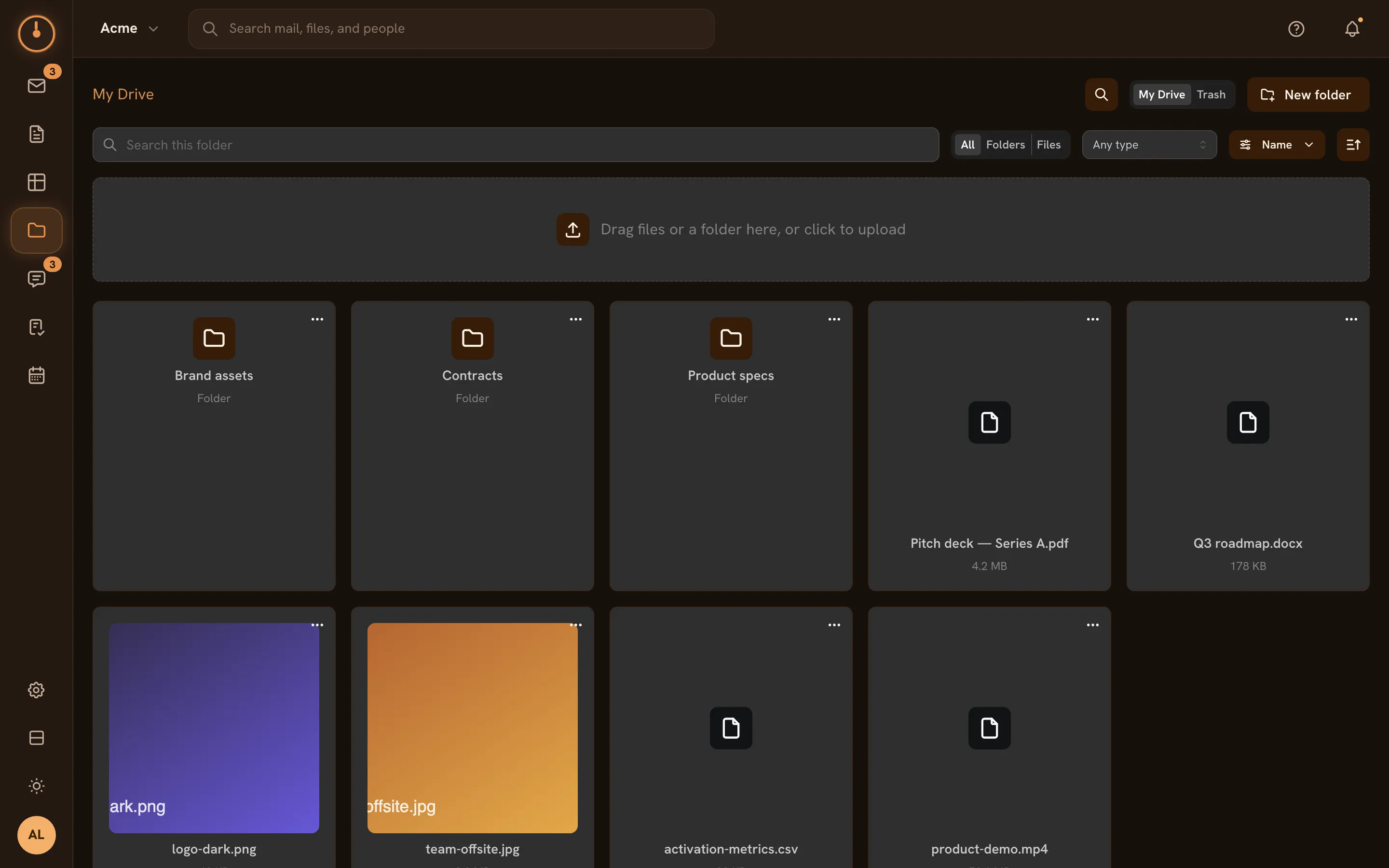 The Drive screen — folders, file cards with previews, and the upload zone