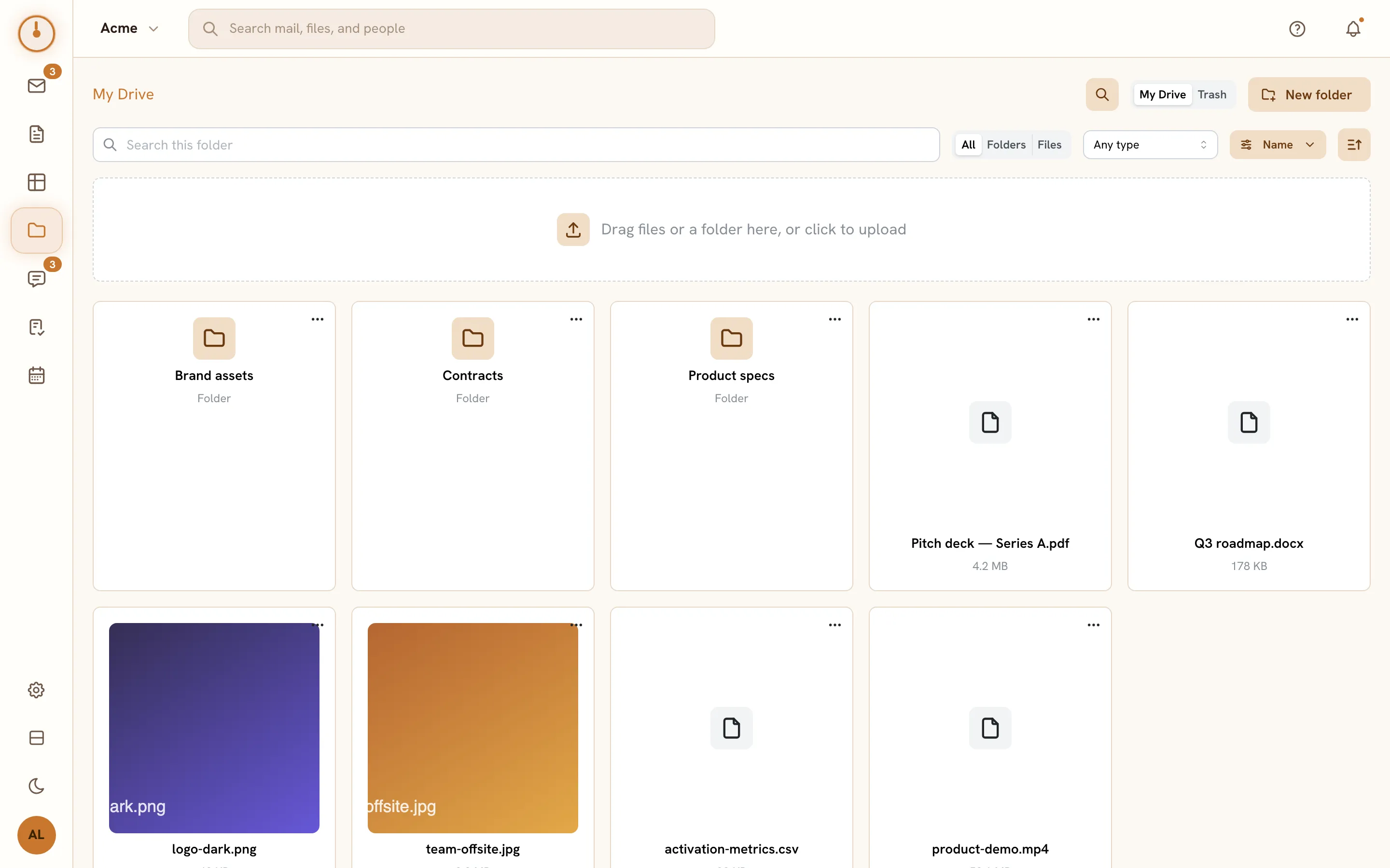 The Drive screen — folders, file cards with previews, and the upload zone