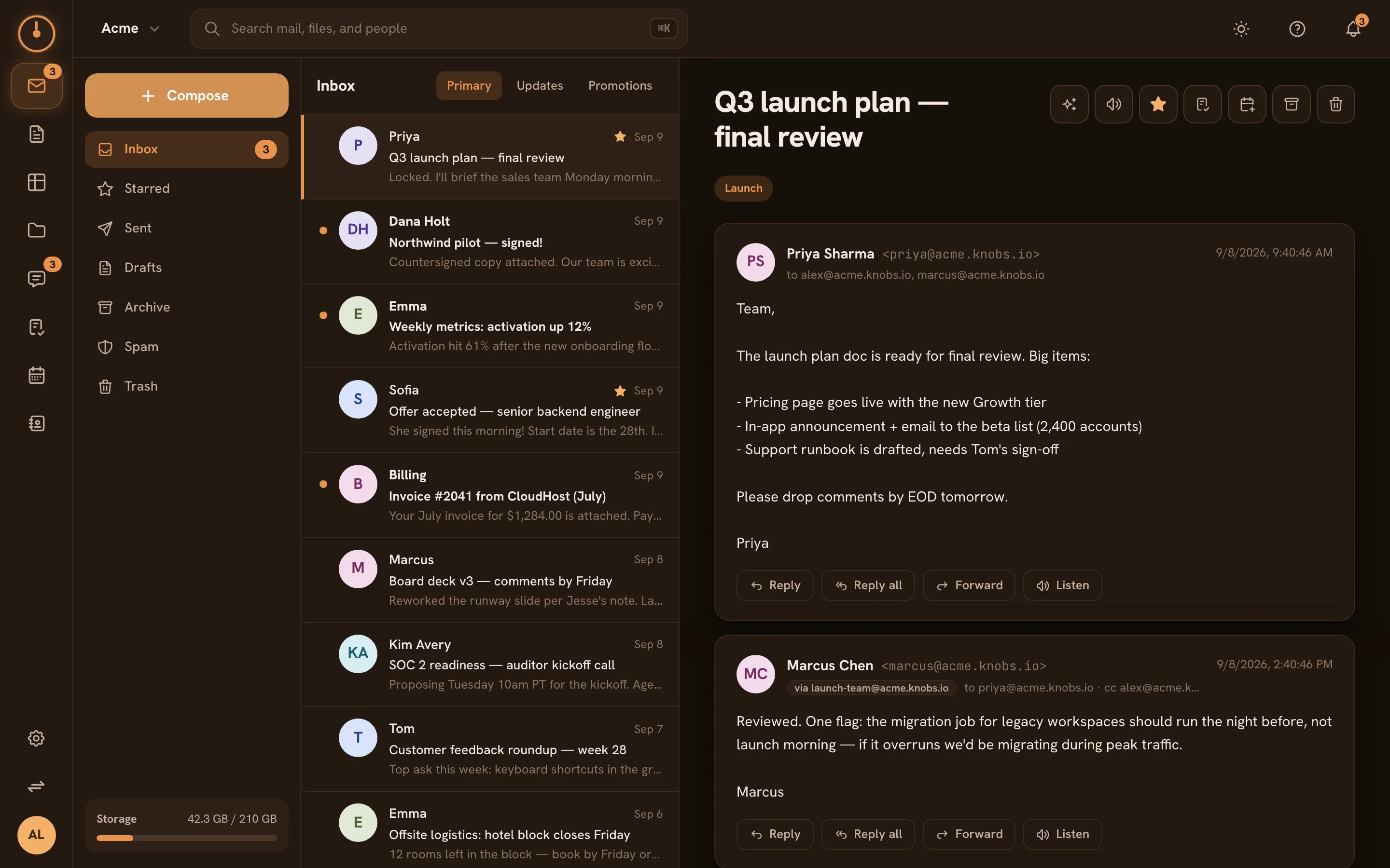The Mail screen — folder list, threaded inbox, and reading pane with AI actions