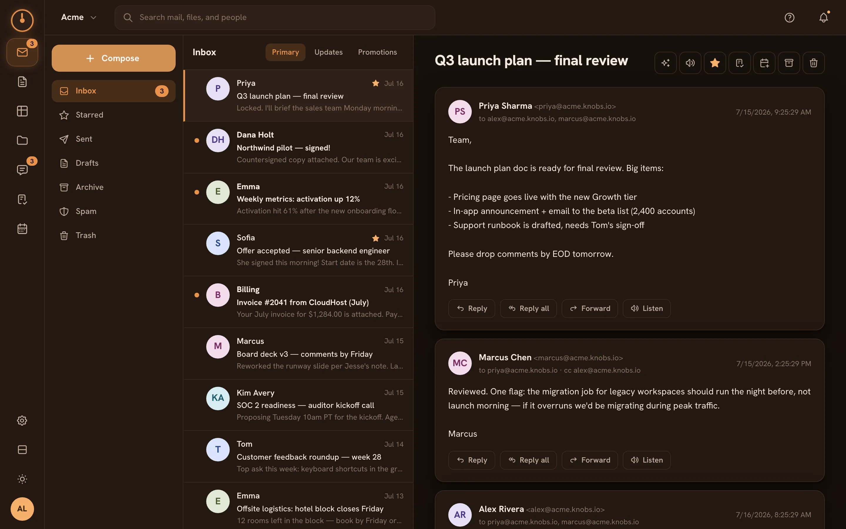 The Mail screen — folder list, threaded inbox, and reading pane with AI actions
