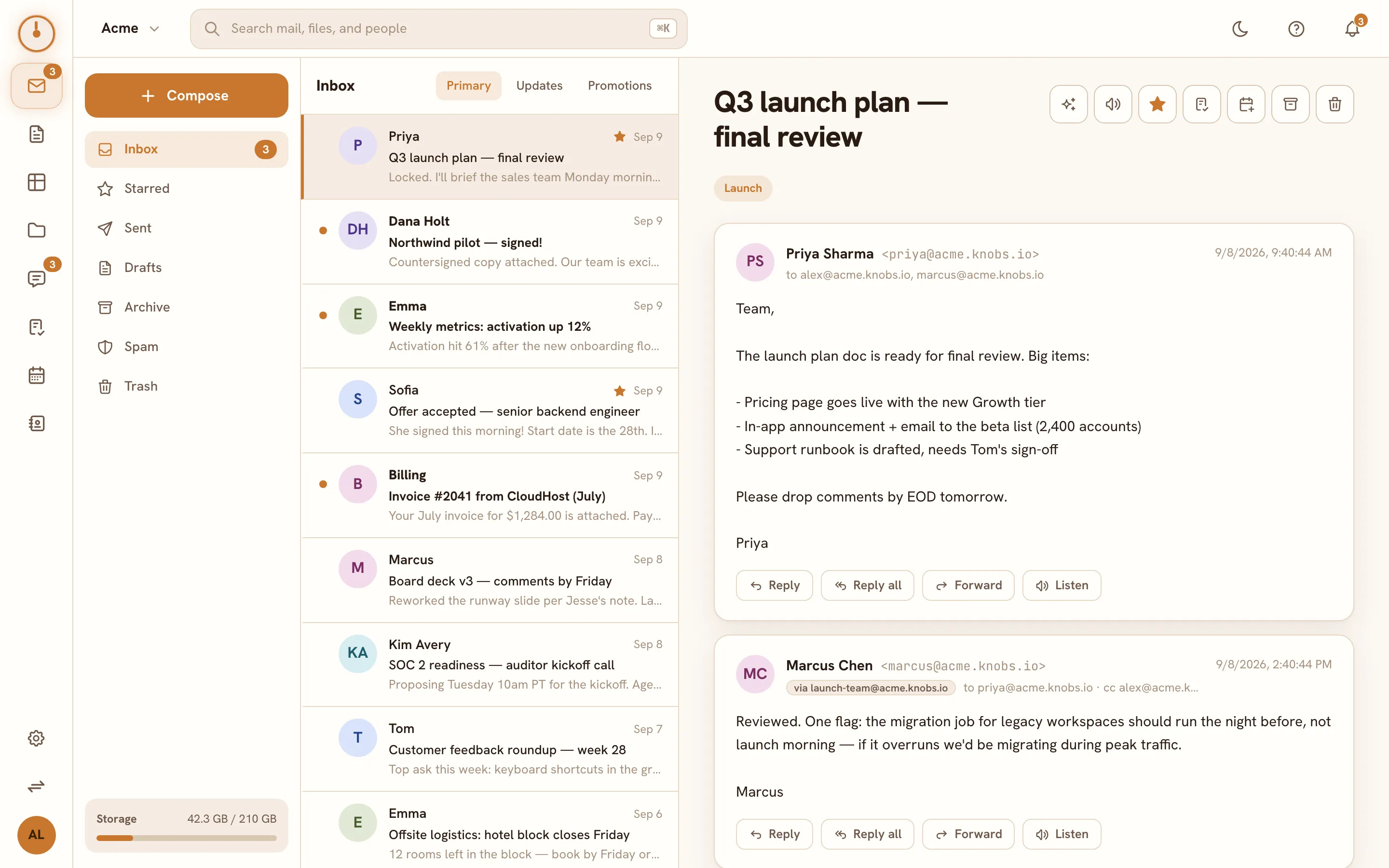 The Mail screen — folder list, threaded inbox, and reading pane with AI actions