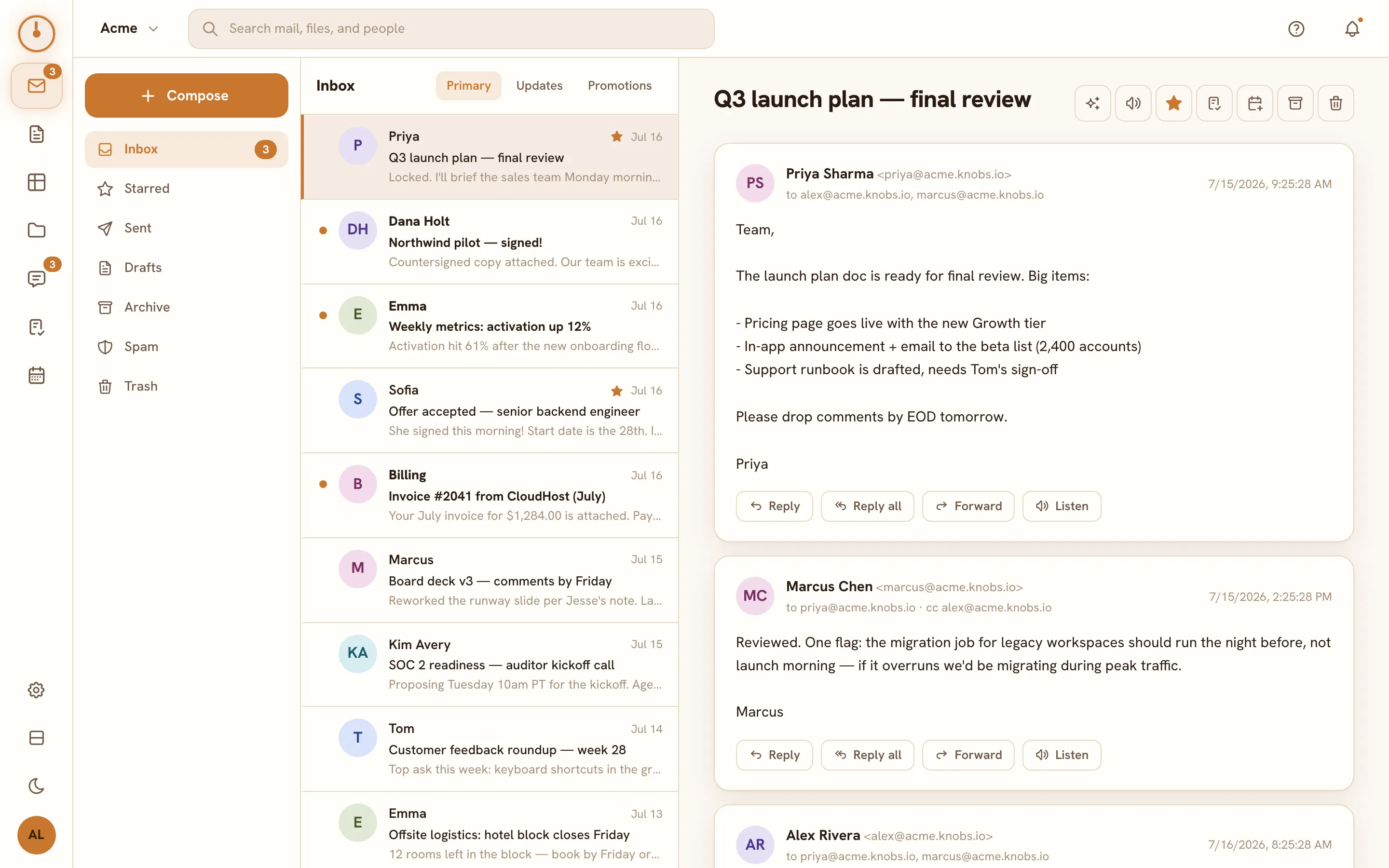 The Mail screen — folder list, threaded inbox, and reading pane with AI actions