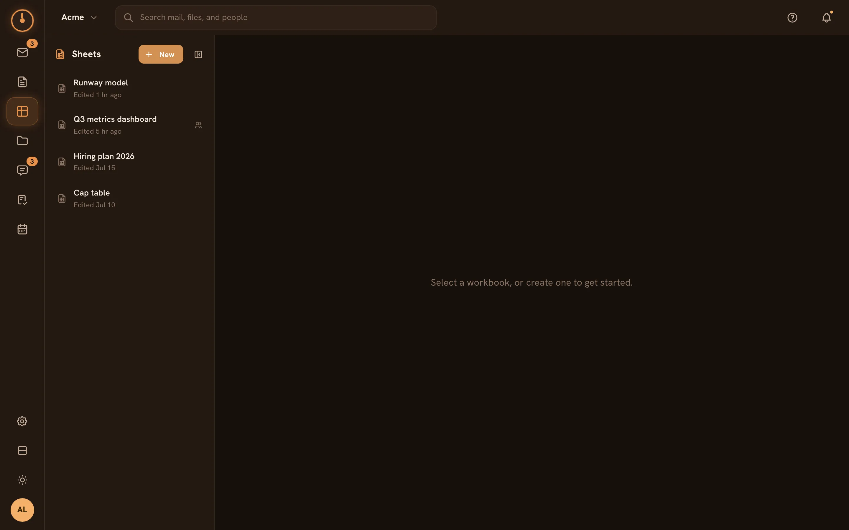 The Sheets screen — the workbook list and spreadsheet workspace