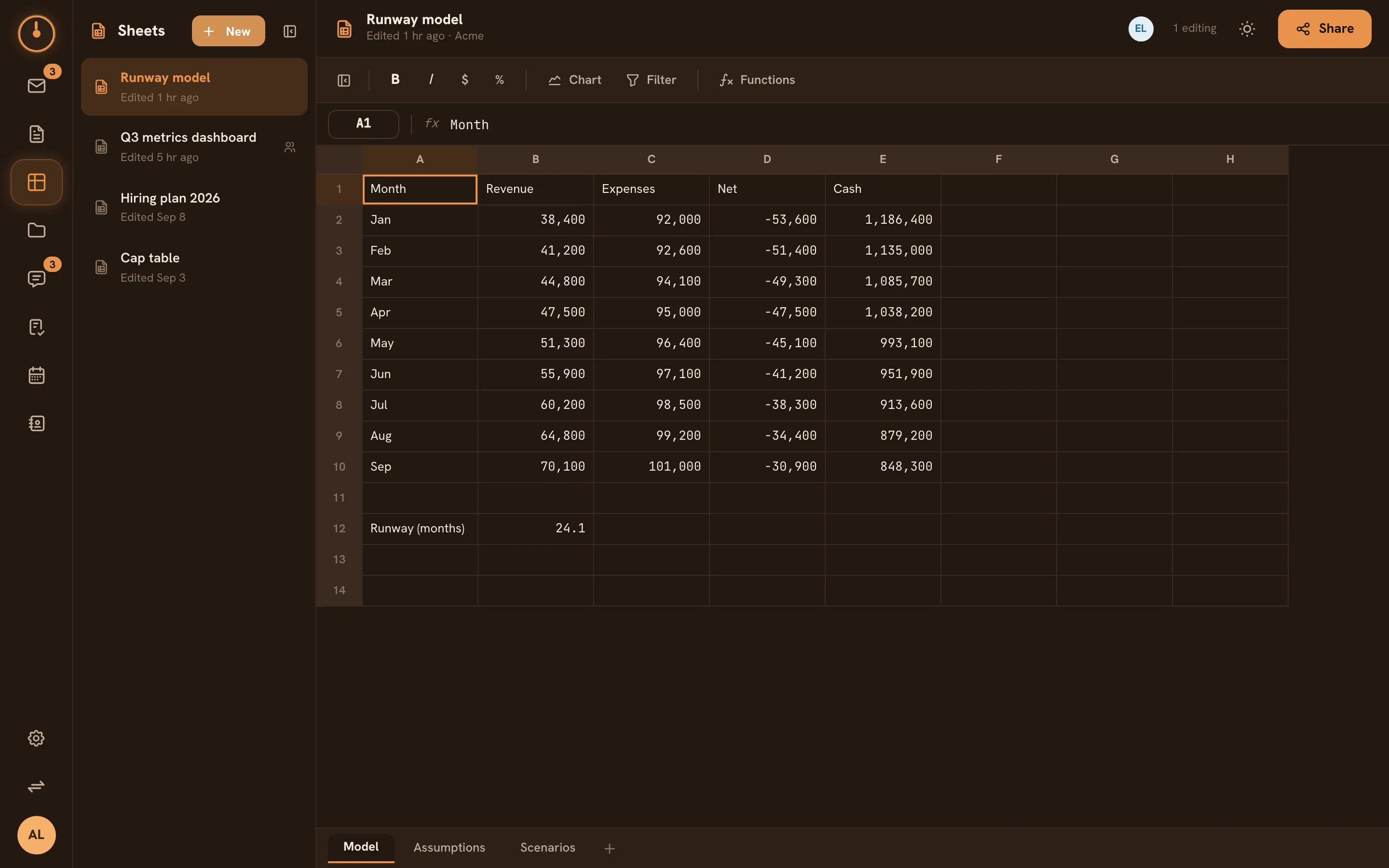 The Sheets screen — the workbook list and spreadsheet workspace