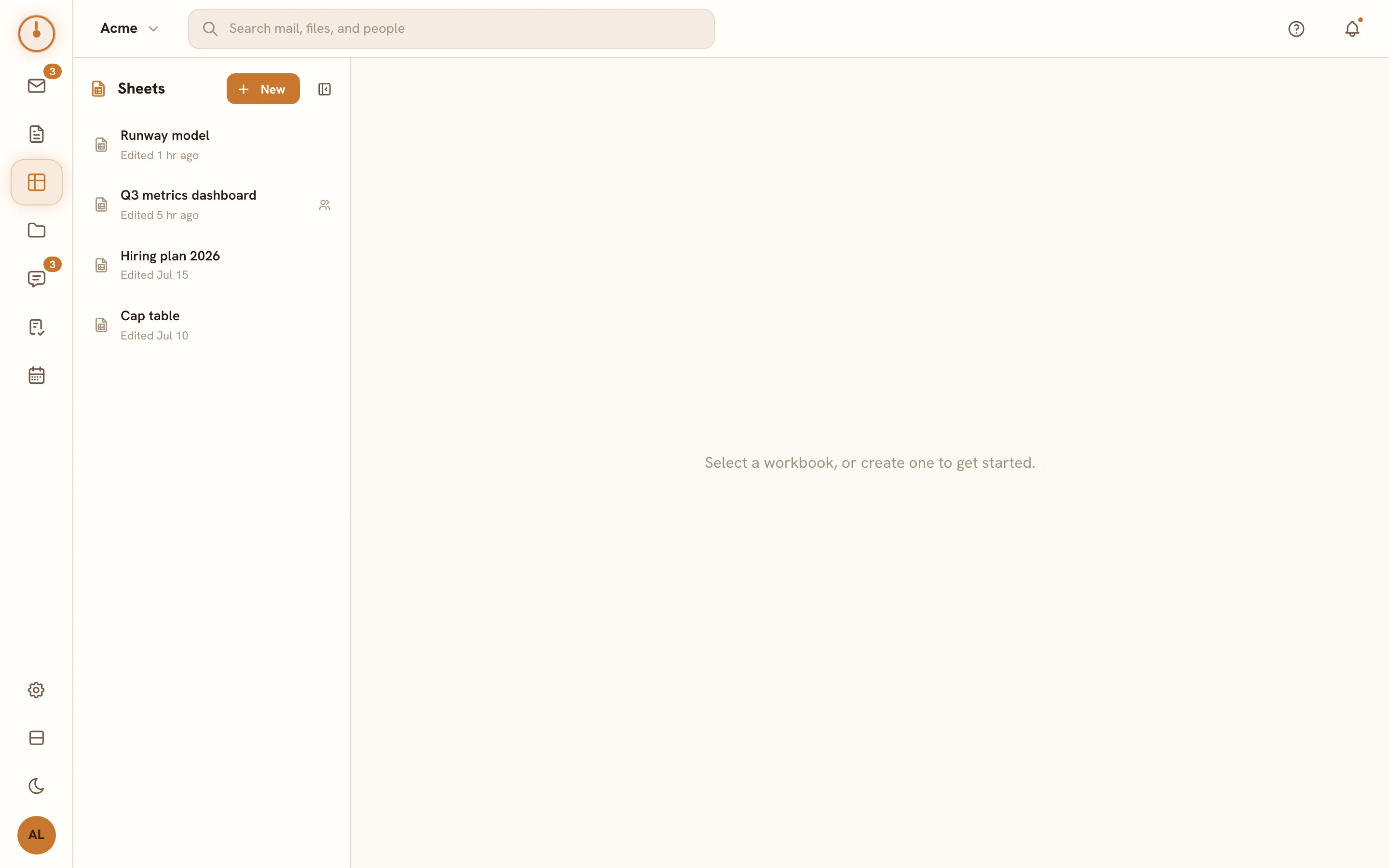 The Sheets screen — the workbook list and spreadsheet workspace