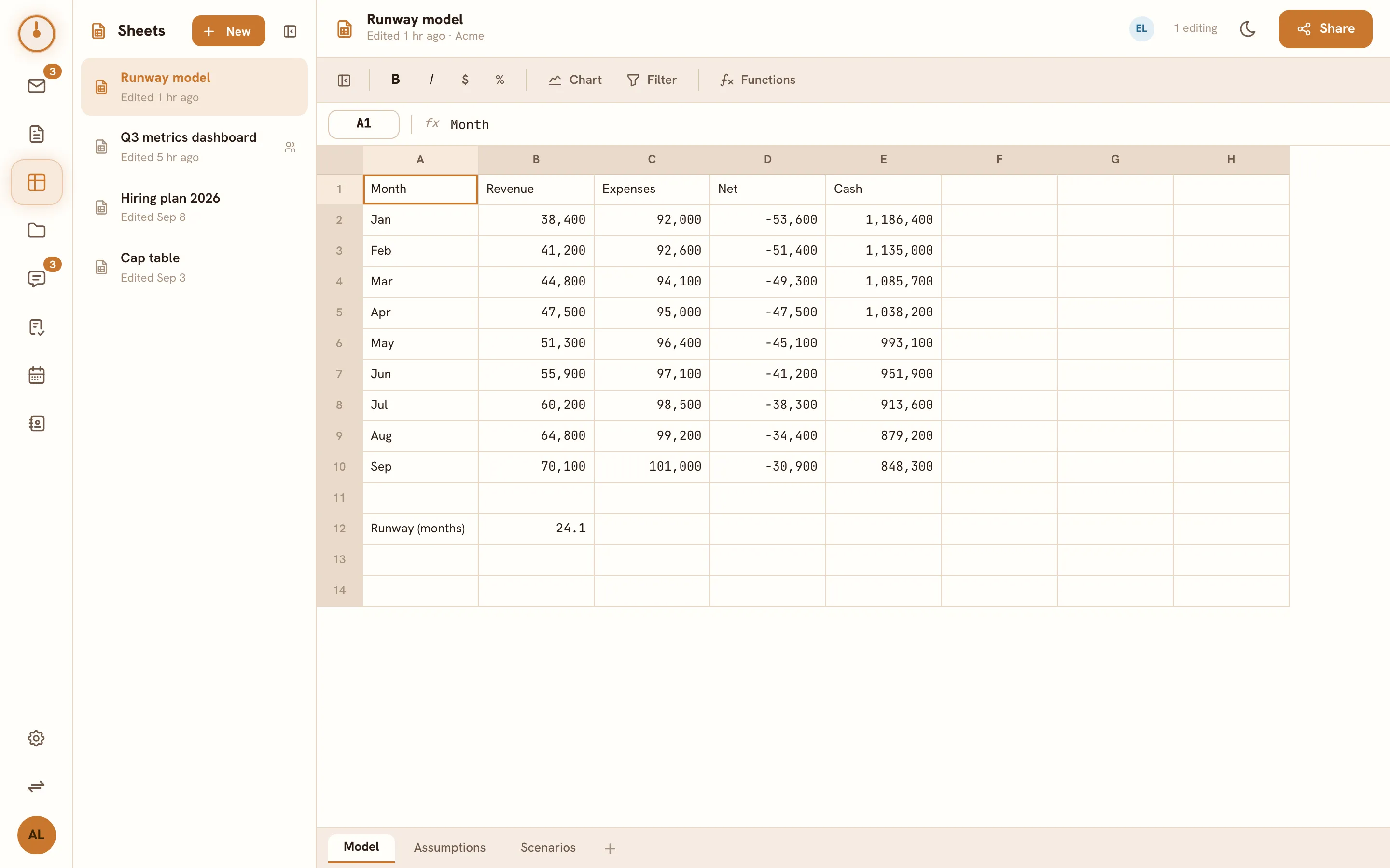 The Sheets screen — the workbook list and spreadsheet workspace