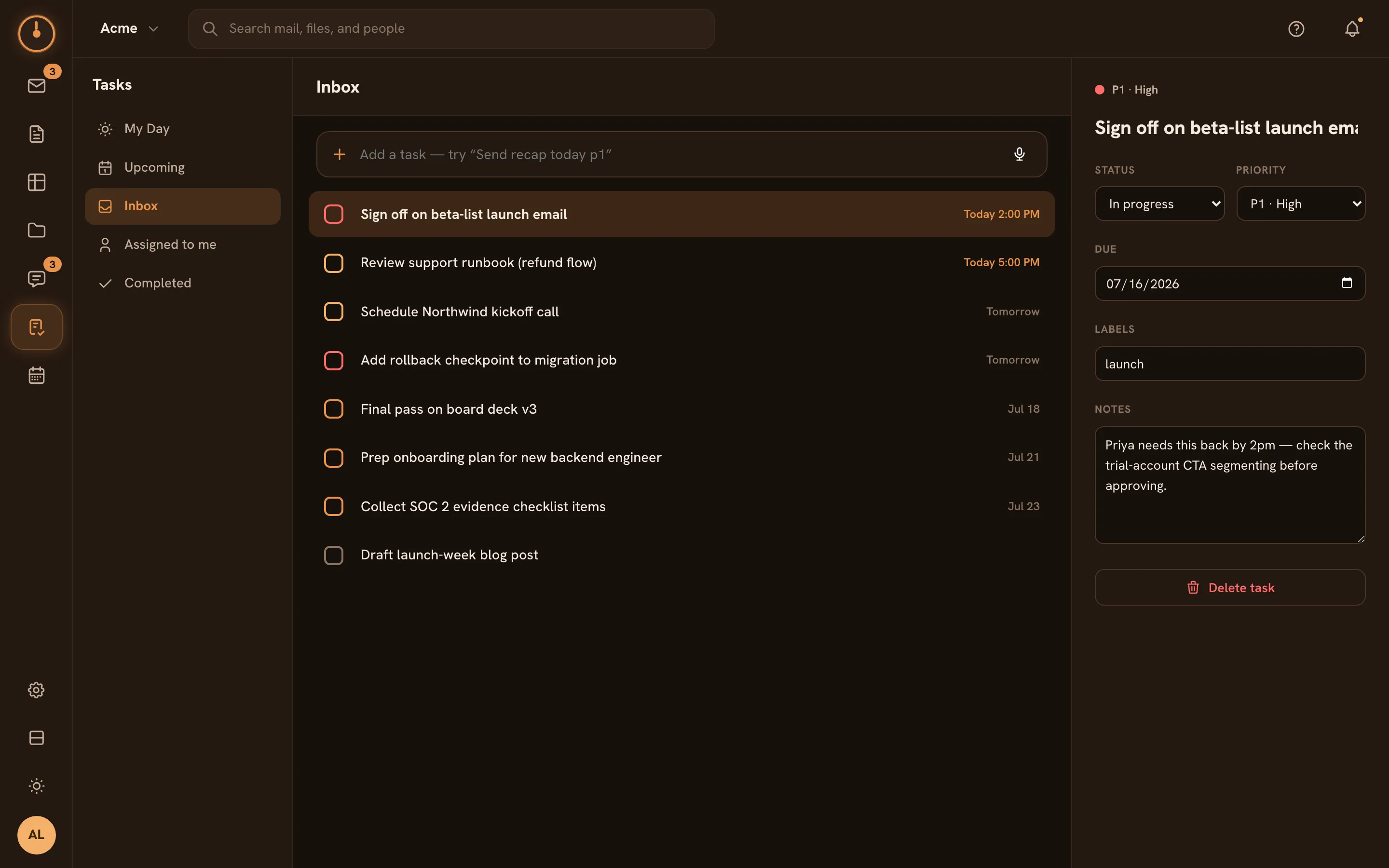 The Tasks screen — views on the left, the task list, and the detail panel