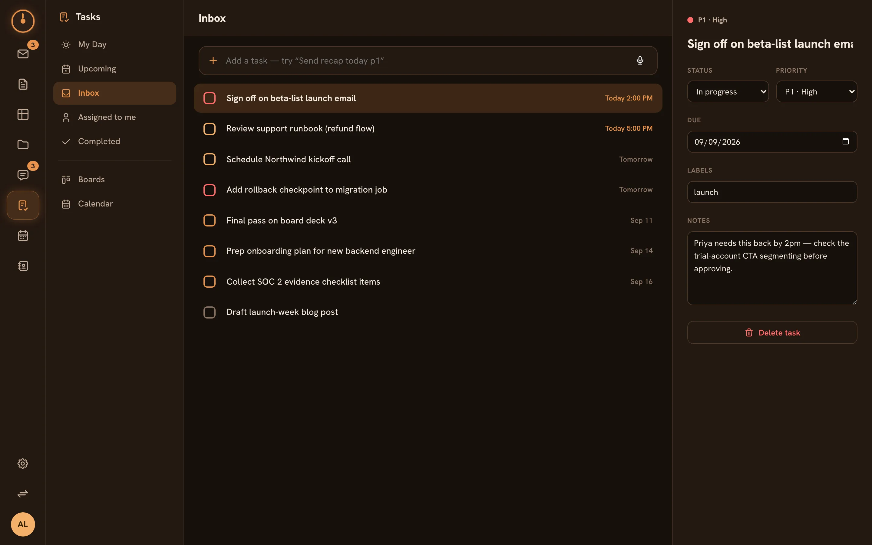 The Tasks screen — views on the left, the task list, and the detail panel