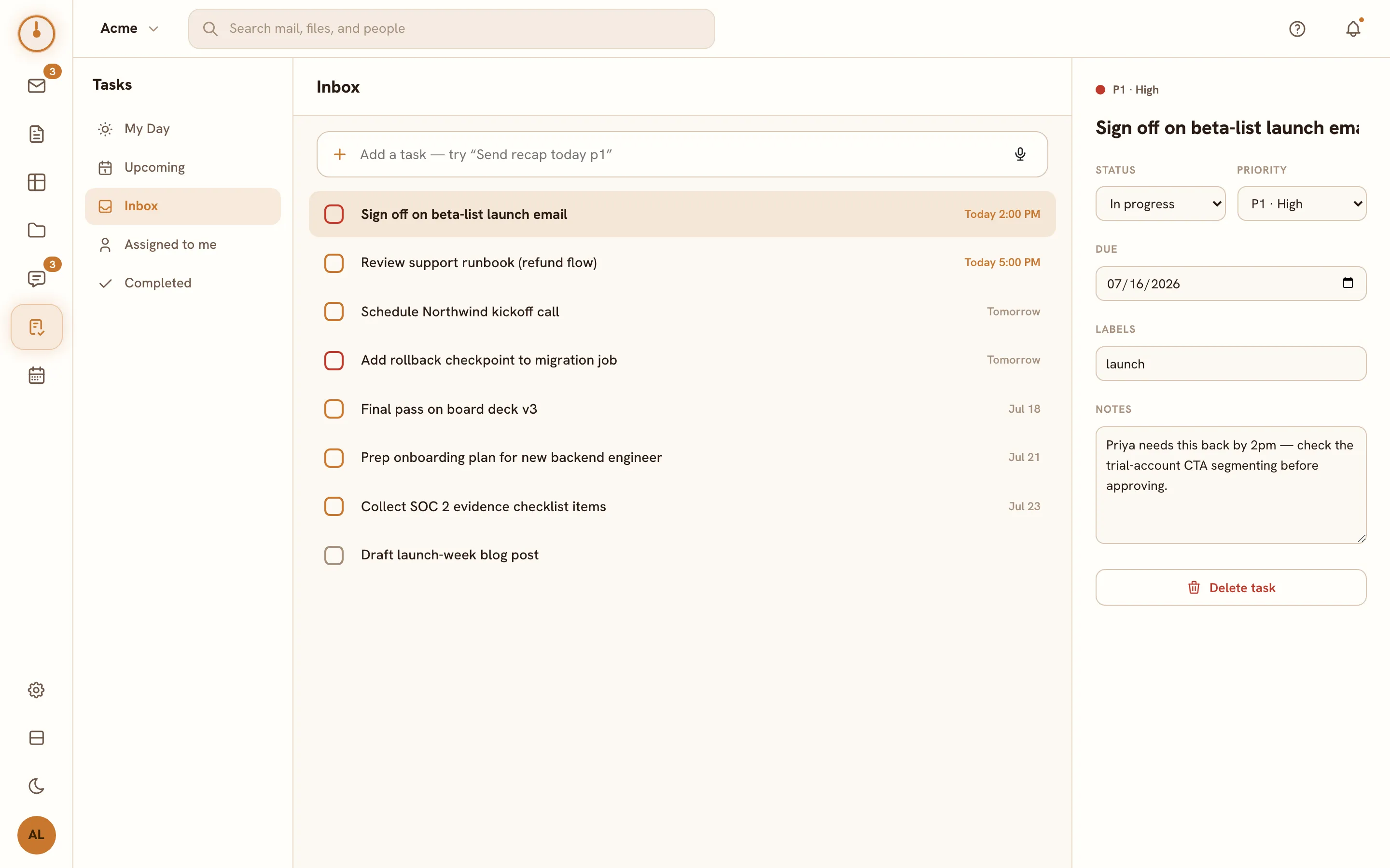 The Tasks screen — views on the left, the task list, and the detail panel