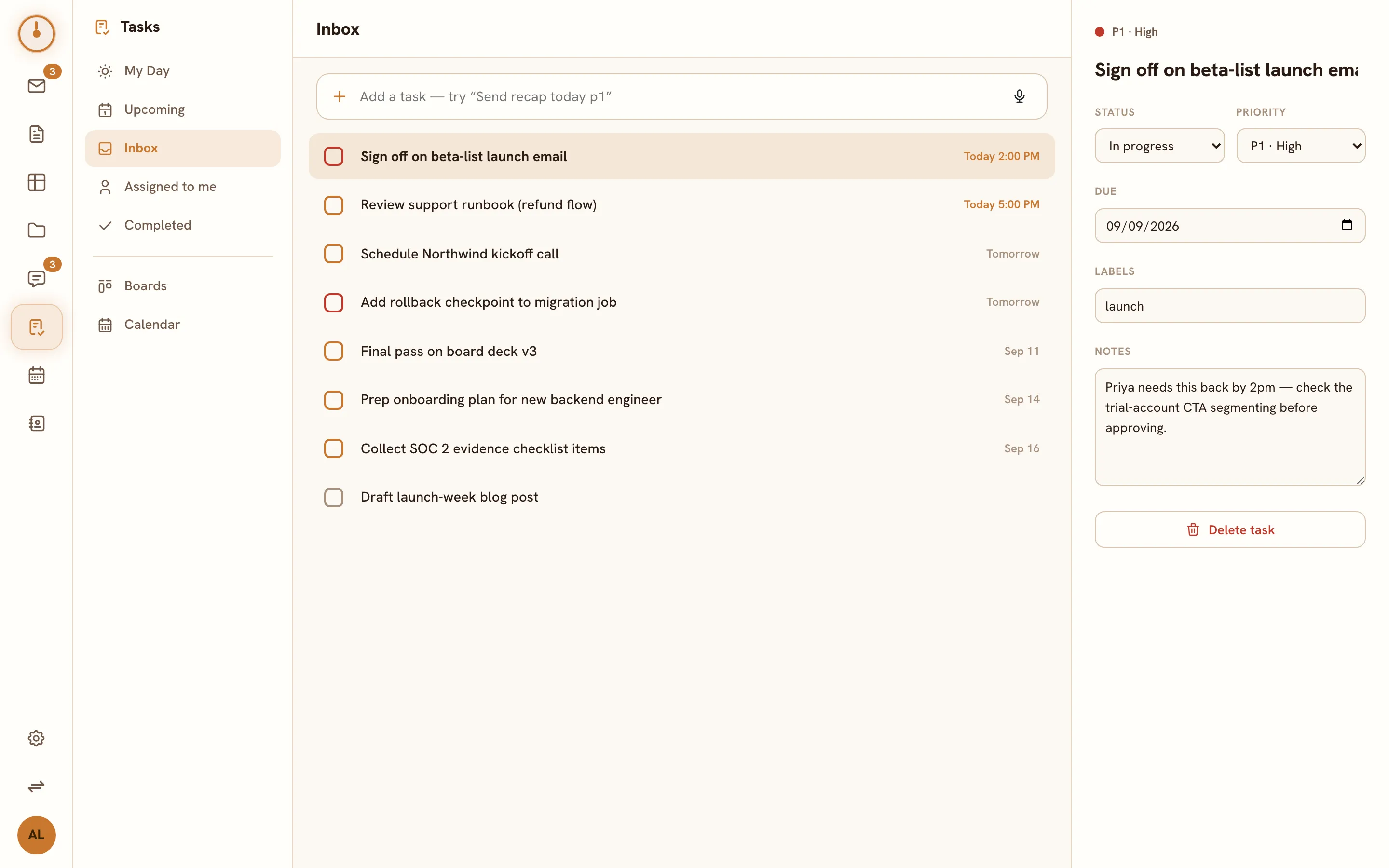 The Tasks screen — views on the left, the task list, and the detail panel